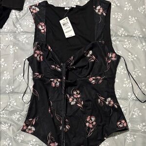 Floral Bar III Black Sleeveless bodysuit